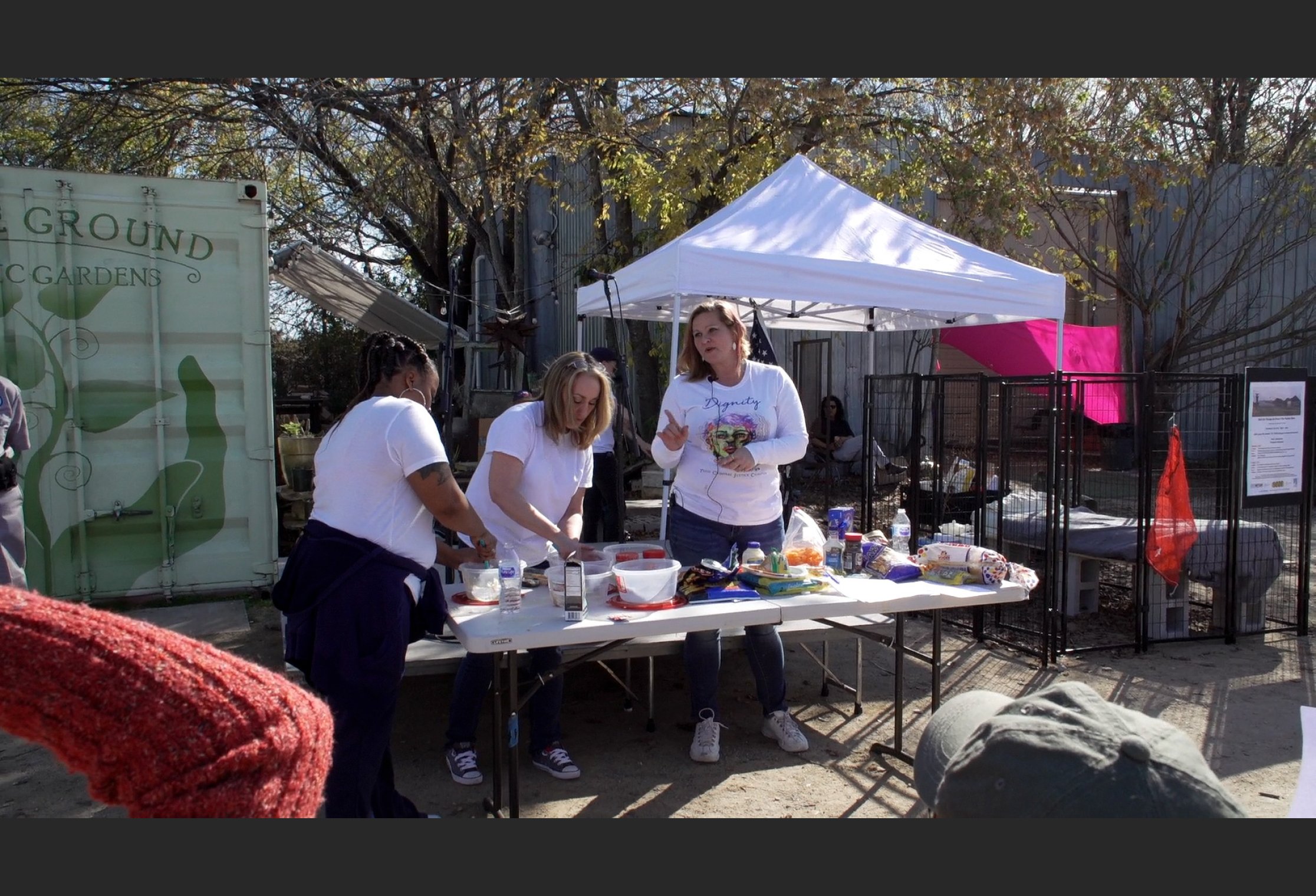 “Ain’t No Orange in Texas: The Variety Show”, 2019. Performance–cooking demonstration (still), The Museum of Human Achievement (MoHA), Austin, TX, 2019. Image credit: Liz Rodda. Performers (from left): Kirsten Ricketts, Lauren Johnson, Ashika Renae Colema