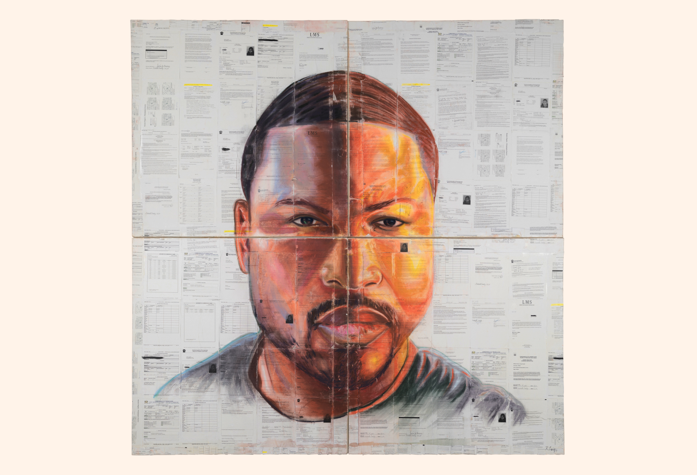 Self Portrait, 2016, Pastel over prison documents