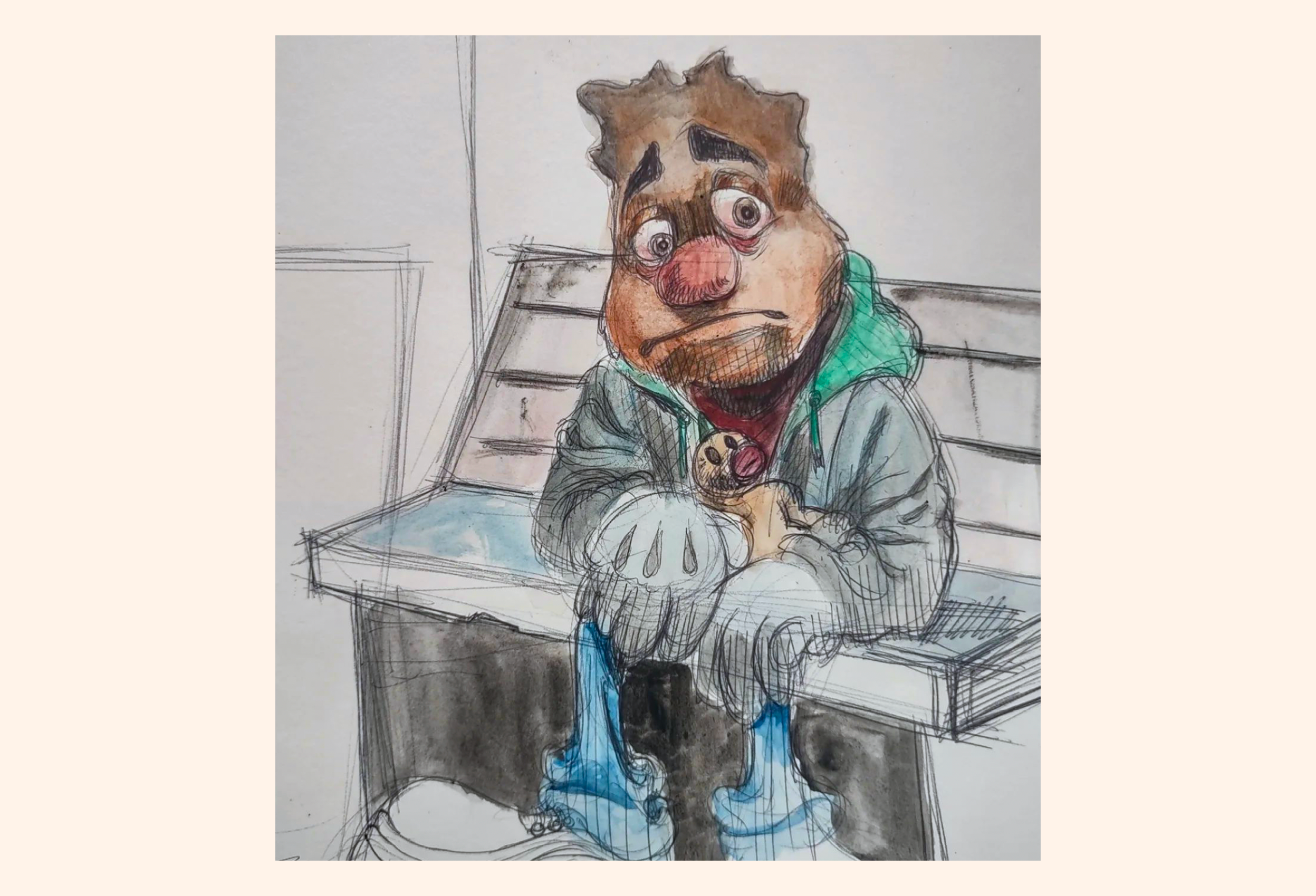Sad Muppet, 2022, ink and water color on paper