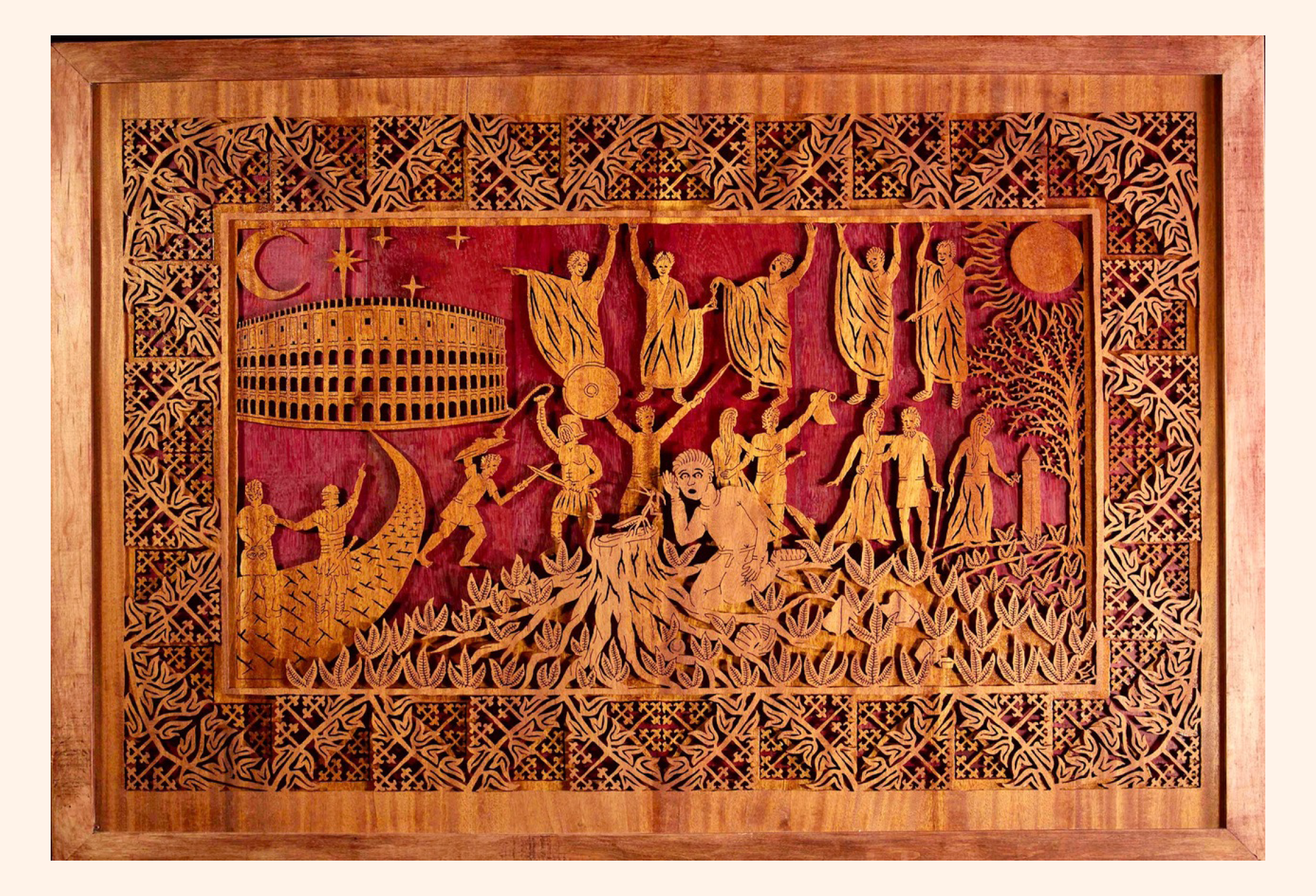 The Story of Mikey, 2015, wood scroll work, Mahogany and Purple Heart wood